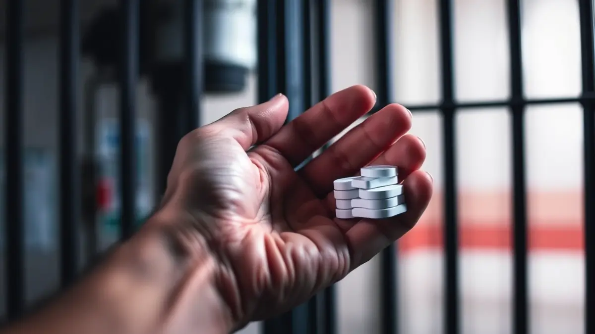 Image of a hand holding pills, with blurred prison bars in the background.