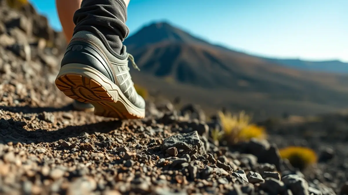 Generic image of a trail running shoe on a mountain path.