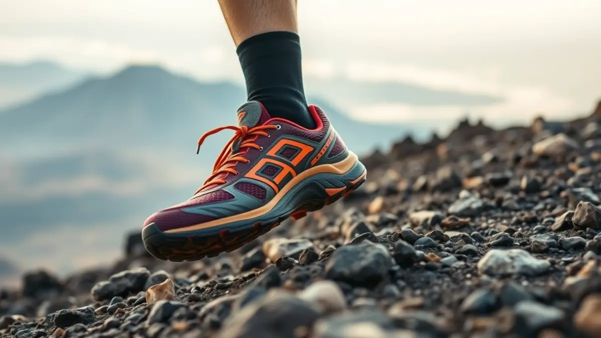 Generic image of a trail running shoe on a rocky mountain path.