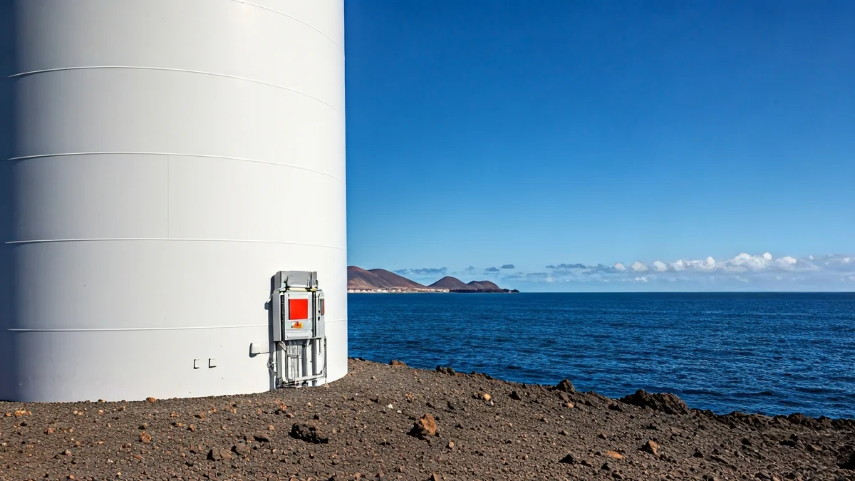 Image of a wind turbine on the Gran Canaria coast, symbolizing renewable energy.
