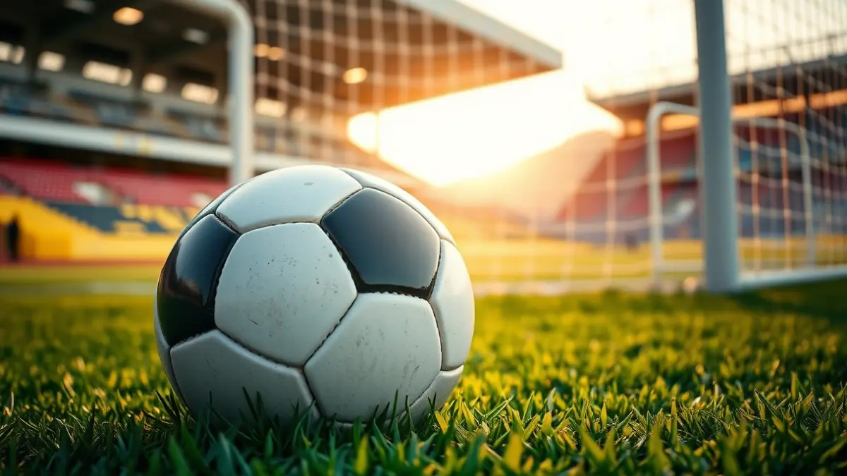 Generic image of a soccer ball on a field, with a blurred goal in the background.