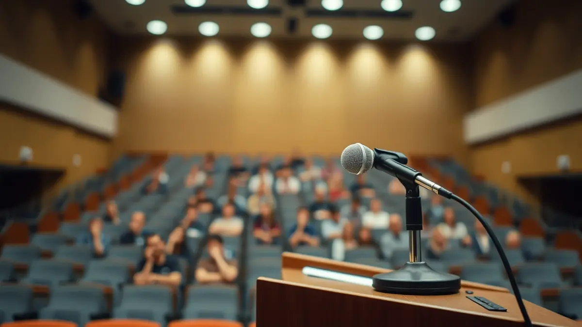 Imagen genérica de un micrófono en un atril en un aula universitaria.