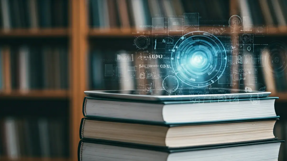 Generic image of books and digital technology, representing digital humanities.