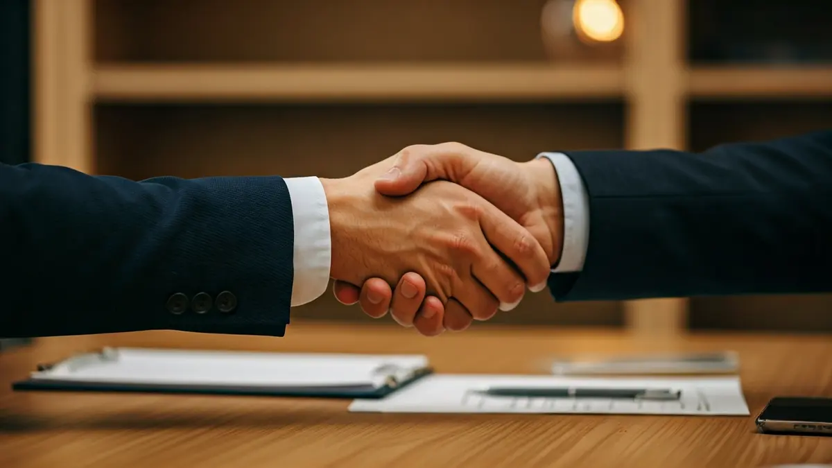 Generic image of two hands shaking over a desk, symbolizing business and academic collaboration.
