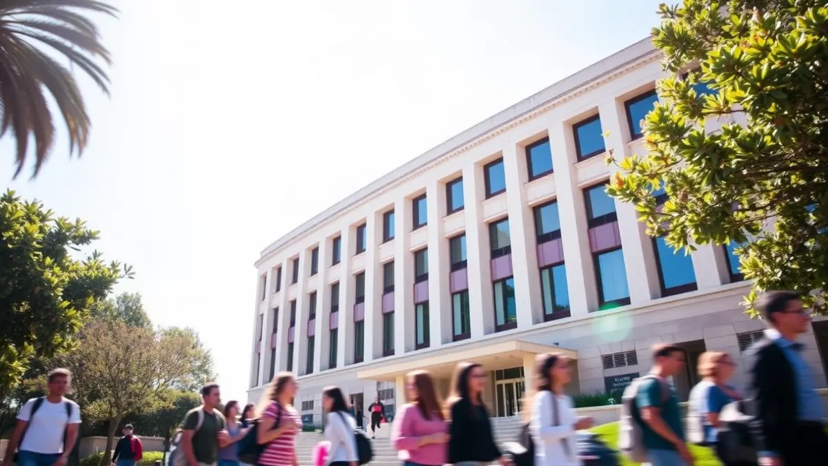 Imagen genérica de un edificio universitario con estudiantes en movimiento.