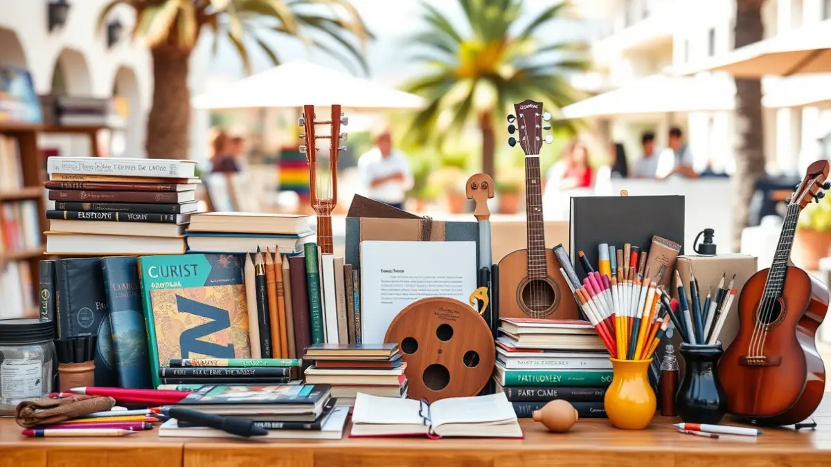 Imagen genérica de elementos culturales y educativos, como libros e instrumentos musicales, en un ambiente veraniego.