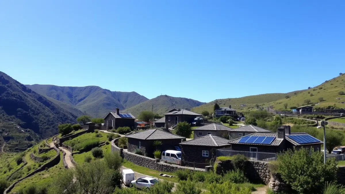 Imagen de un caserío remoto en un paisaje montañoso de Canarias, con vegetación y cielo azul.
