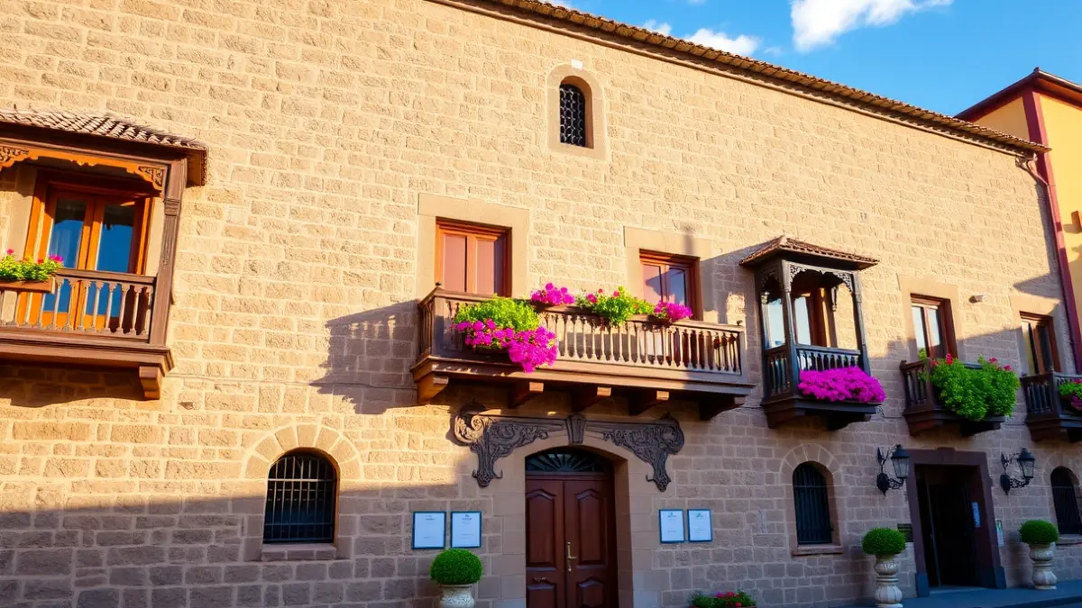 Fachada de un ayuntamiento canario tradicional con balcones de madera.