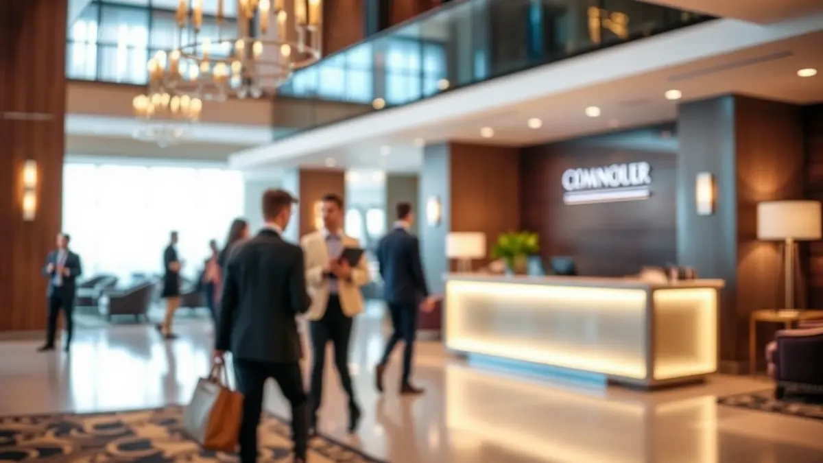 Imagen genérica de un hotel, con un vestíbulo moderno y personas difuminadas.