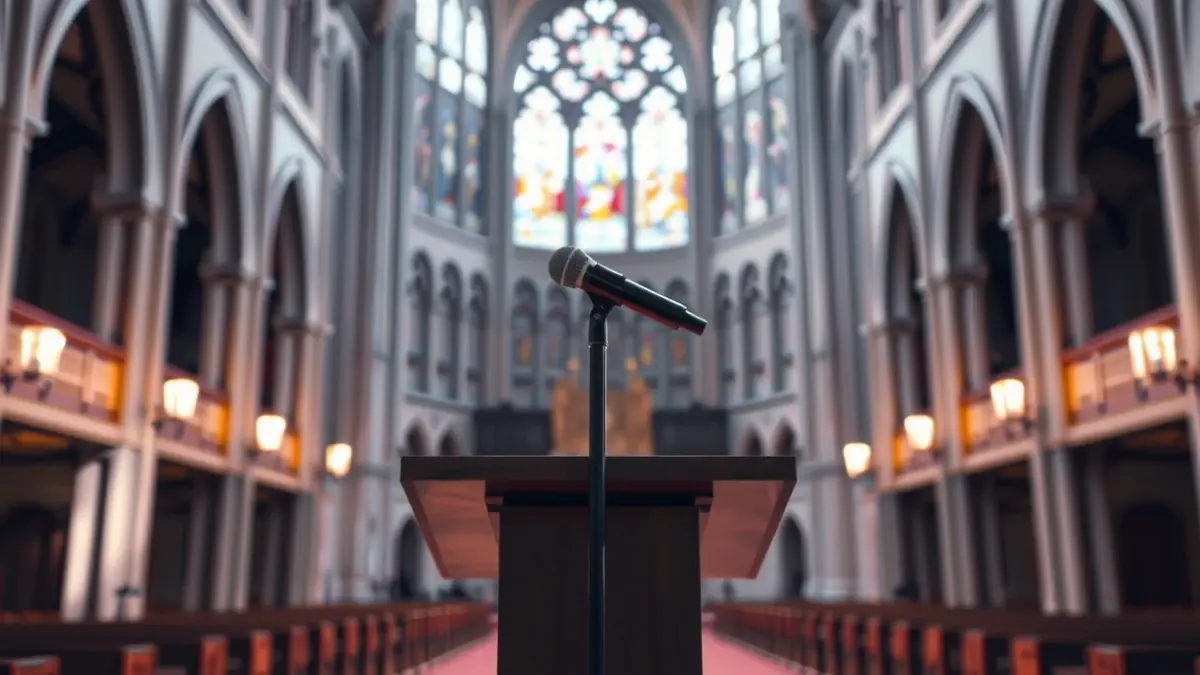 Imagen de un micrófono en un podio dentro de una catedral, con luz suave.