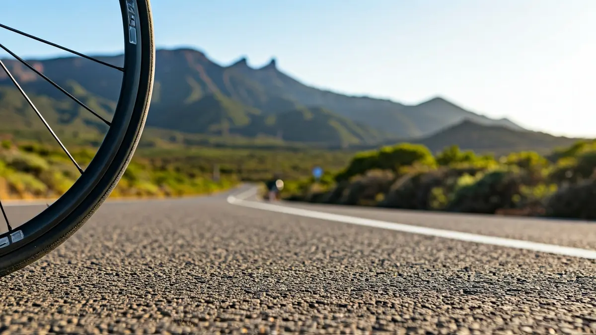 Imagen de una rueda de bicicleta en una carretera con paisaje montañoso de Gran Canaria de fondo.