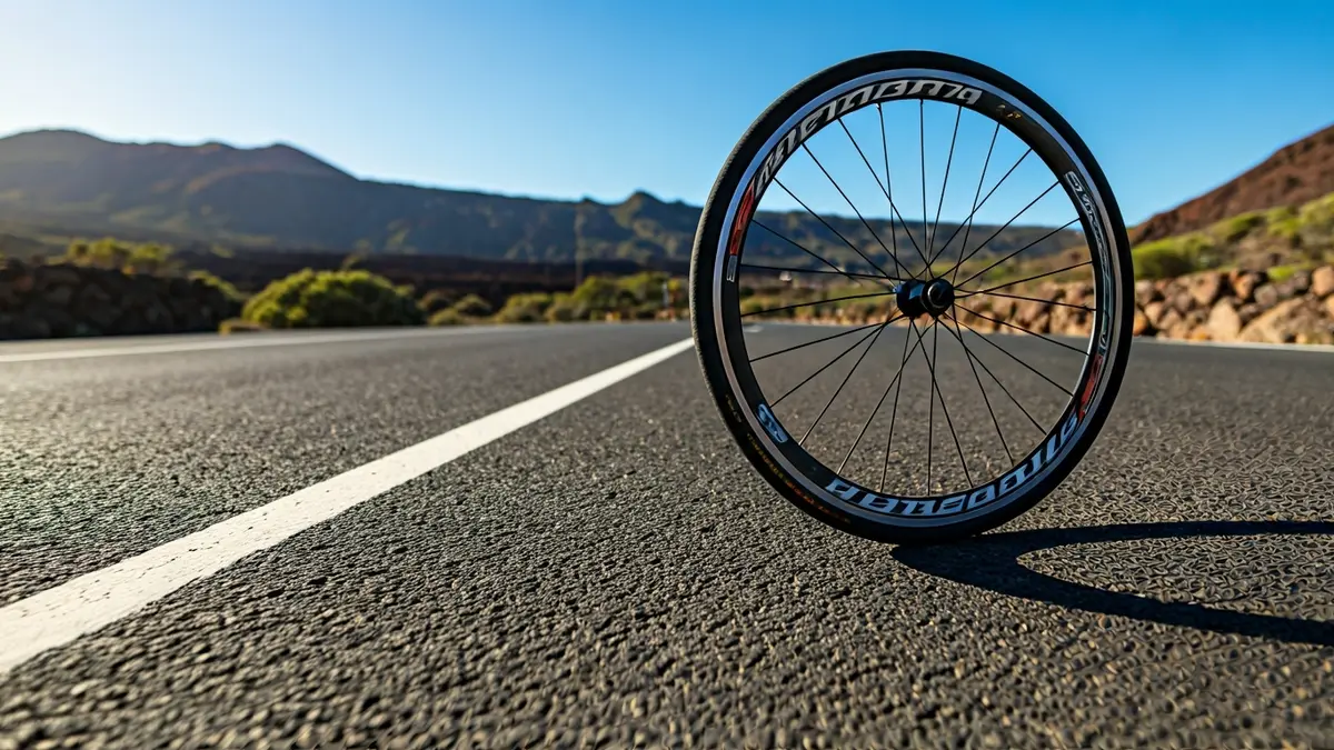 Generic image of a road bicycle wheel in a volcanic landscape of Canarias.