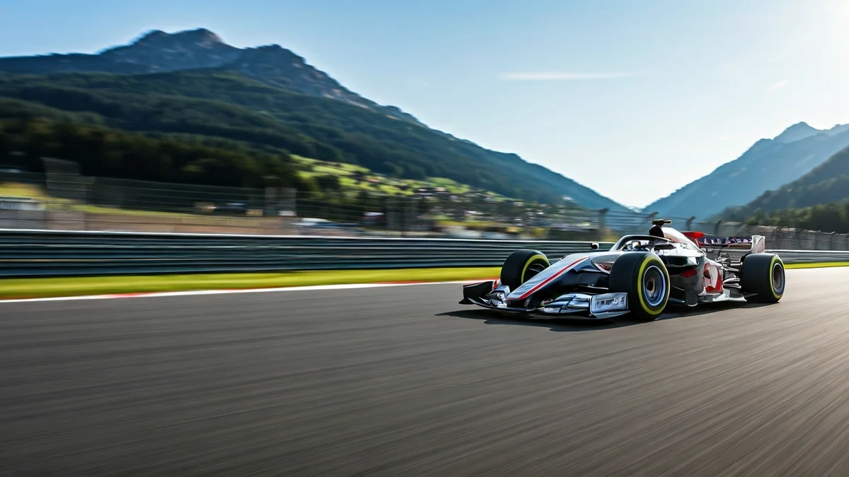 Imagen genérica de un neumático de coche de carreras en una pista de asfalto con montañas de fondo.