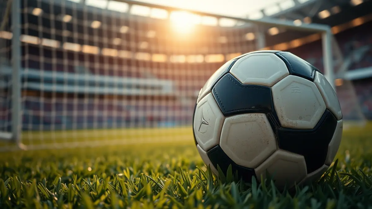 Generic image of a soccer ball on a field, with the goal in the background.
