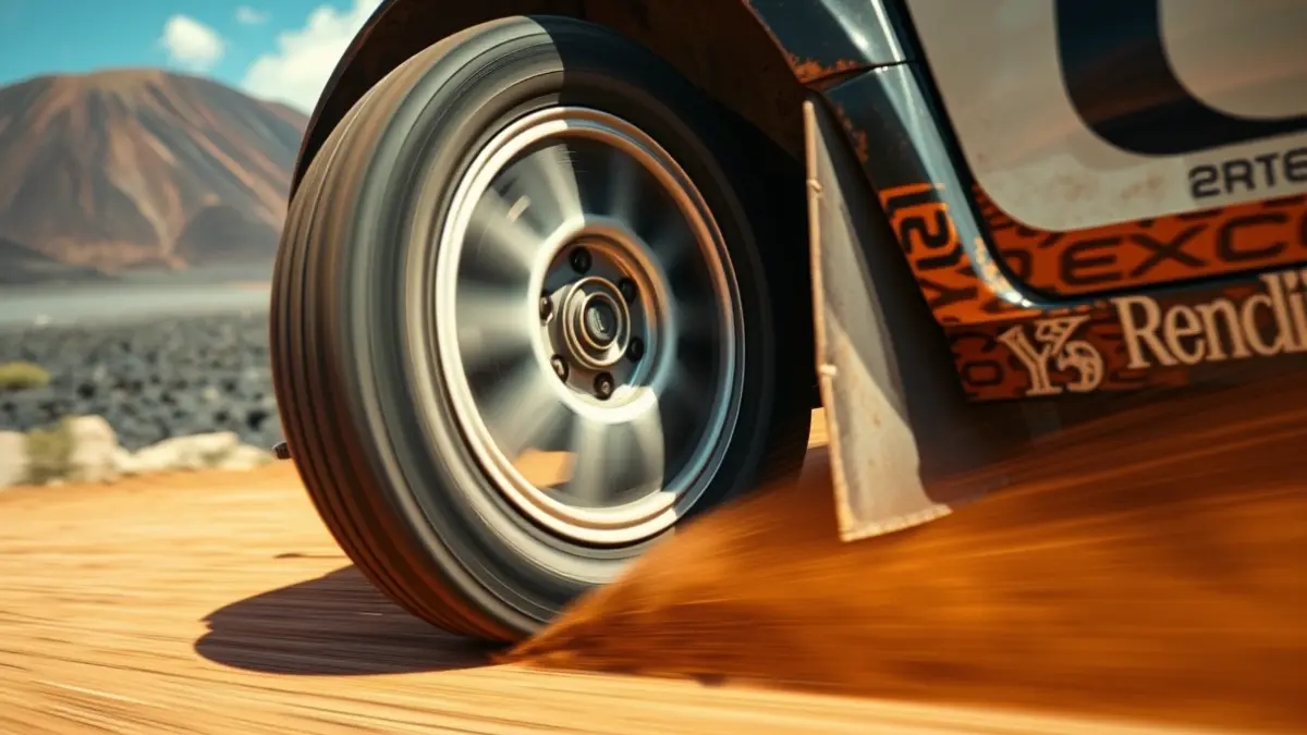 Image of a rally car on a dirt track with a volcanic landscape in the background.
