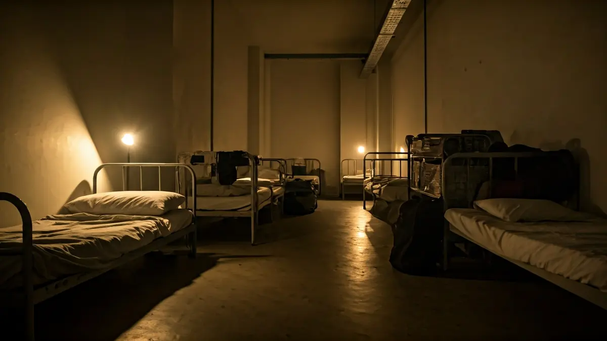 Generic image of a night shelter for homeless people, with beds and a warm atmosphere.