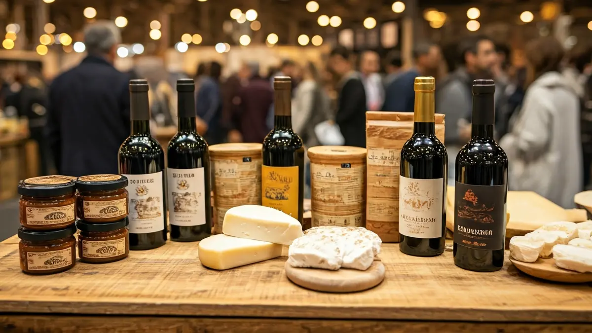 Gastronomic products from Lanzarote displayed at a fair, including wines and cheeses.