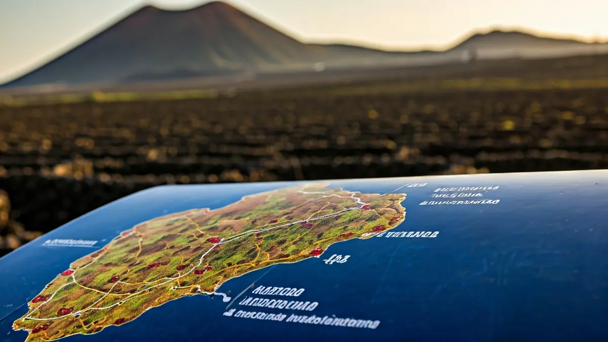 Mapa detallado de bodegas en una isla volcánica, con iconos de copas de vino.