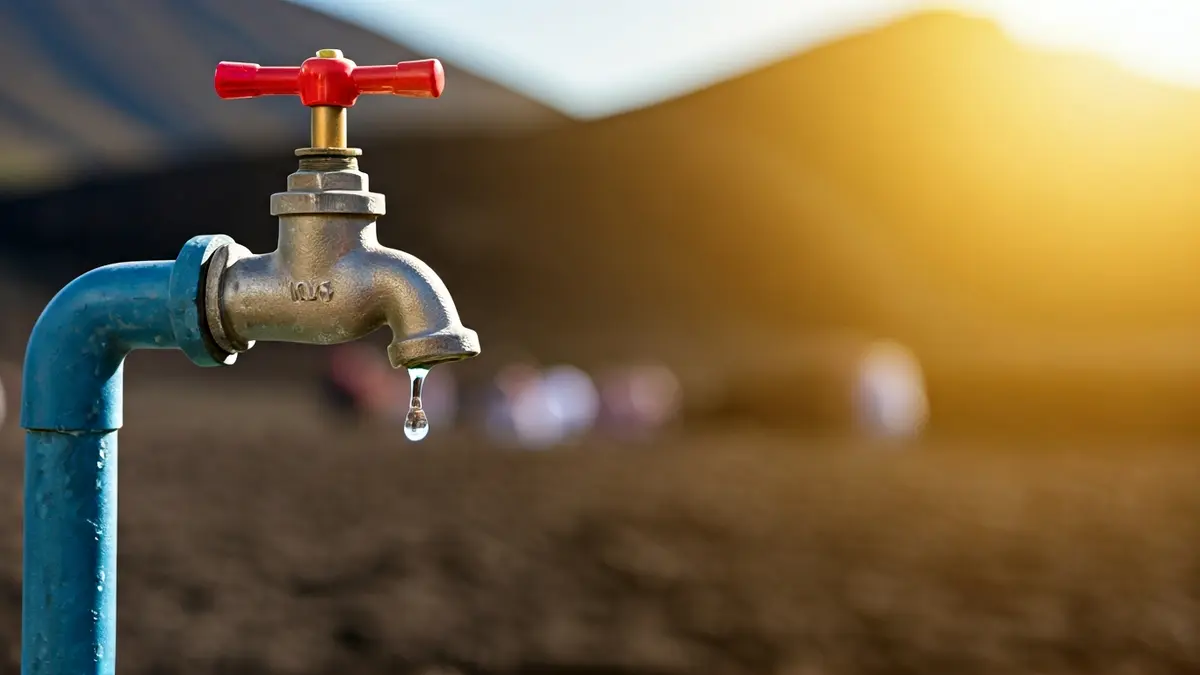 Generic image of a dripping faucet with a volcanic landscape in the background, symbolizing water management.
