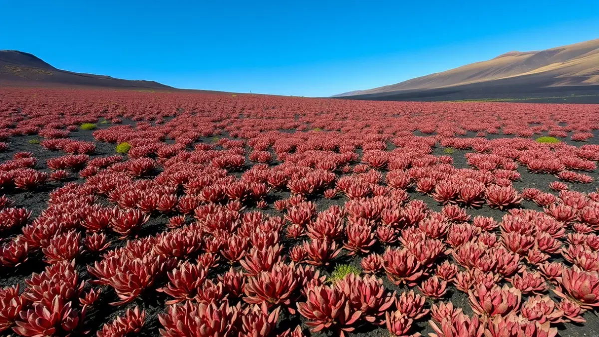 Fields of reddish cosco plants in Lanzarote, with a volcanic landscape in the background.
