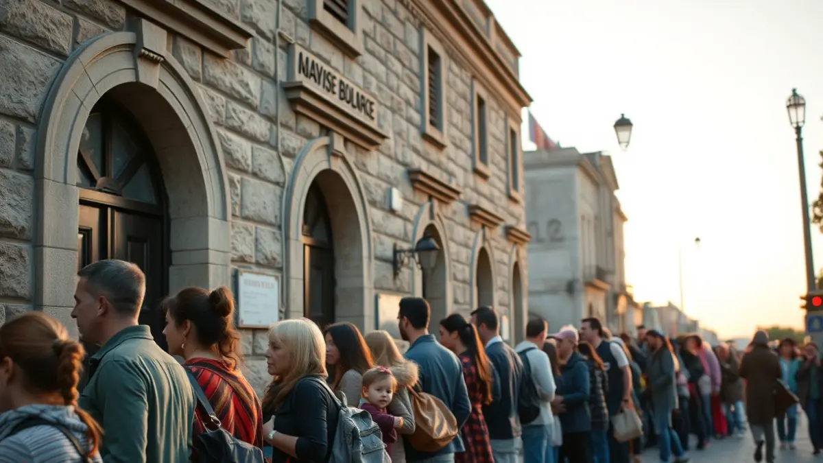 Imagen de una larga cola de personas esperando a las puertas de un edificio municipal al amanecer.