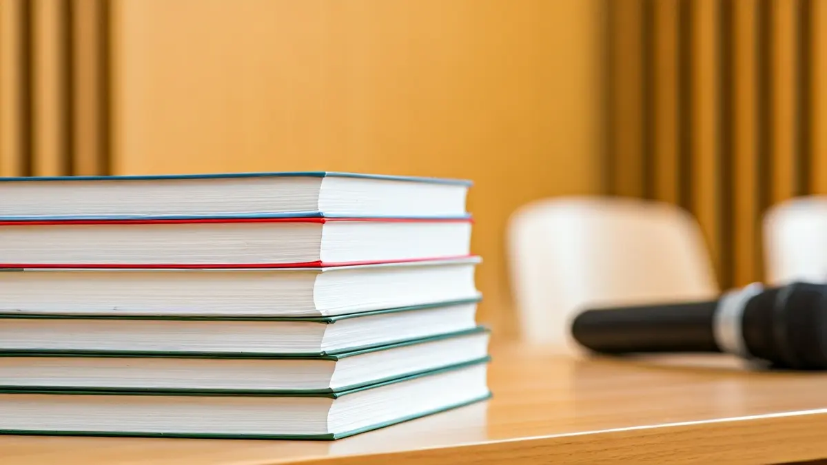 Generic image of textbooks and a microphone in a school setting, symbolizing an educational debate.