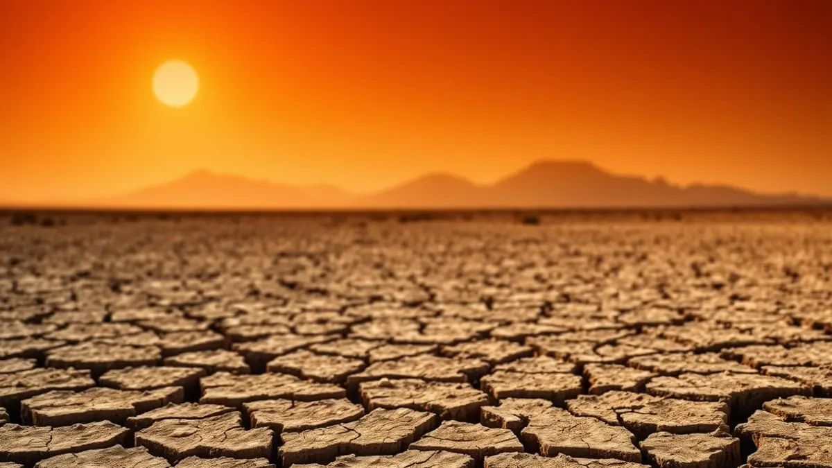 Imagen genérica de un paisaje árido y agrietado bajo un sol abrasador, con montañas volcánicas al fondo, simbolizando el calor extremo.