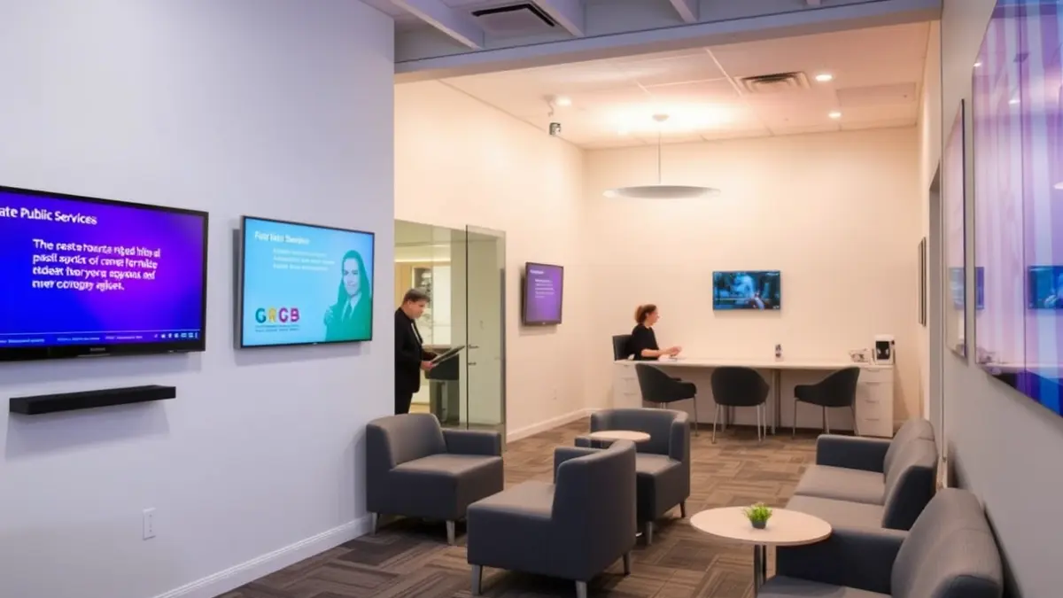 Generic image of a modern public services office with digital screens and comfortable seating.