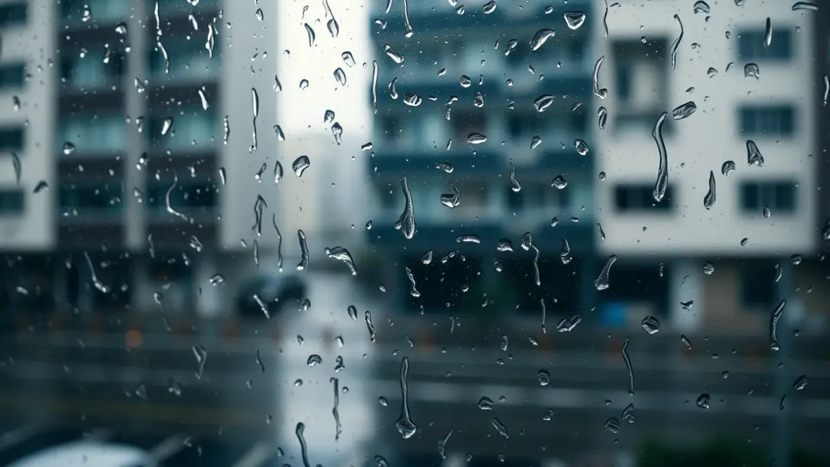 Generic image of rain falling on a window, with a blurred urban background.
