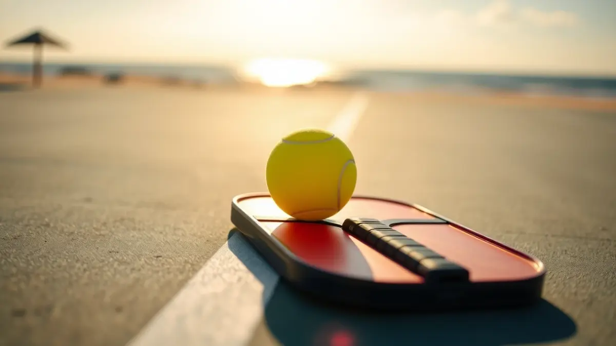 Imagen genérica de una pala y una pelota de pickleball en una cancha junto a la playa.
