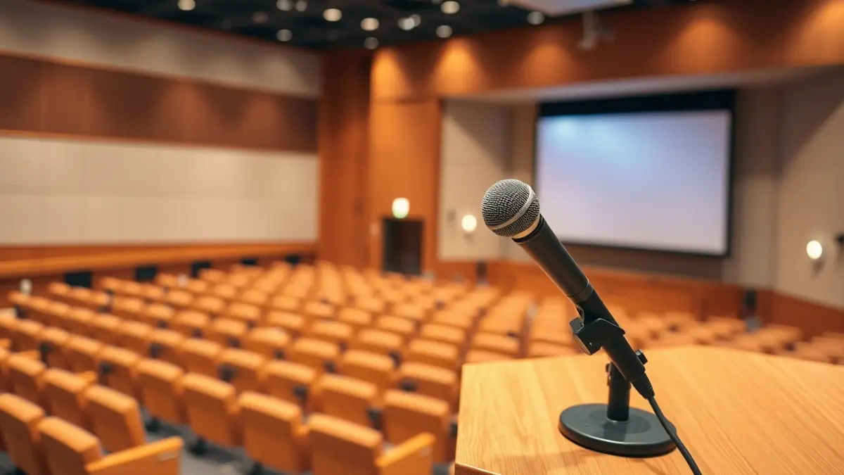 Imagen genérica de un micrófono en un atril en un aula universitaria.