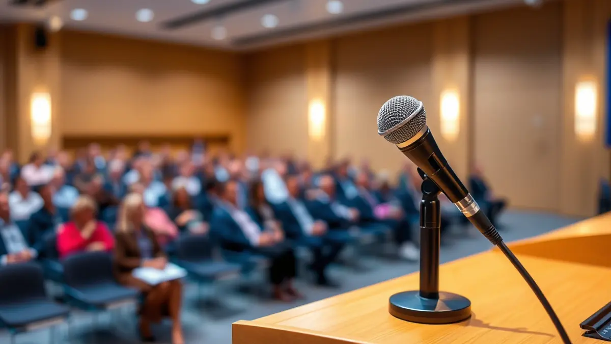 Imagen genérica de un micrófono en un podio durante una conferencia.