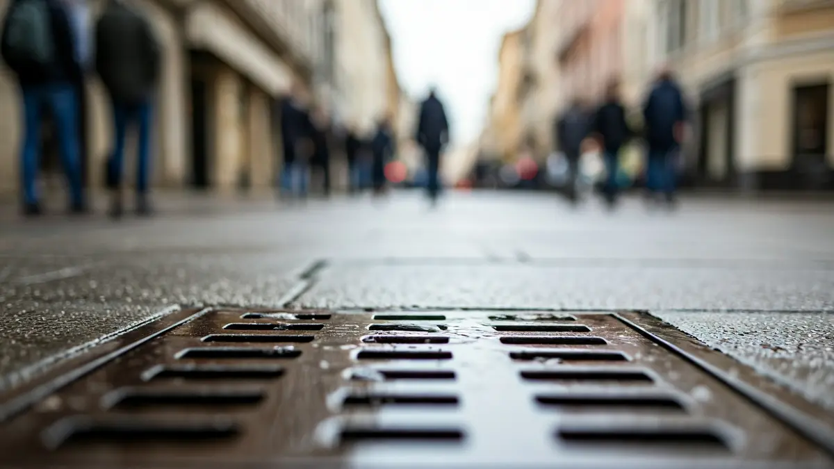 Generic image of a storm drain on a wet street, with water flowing.