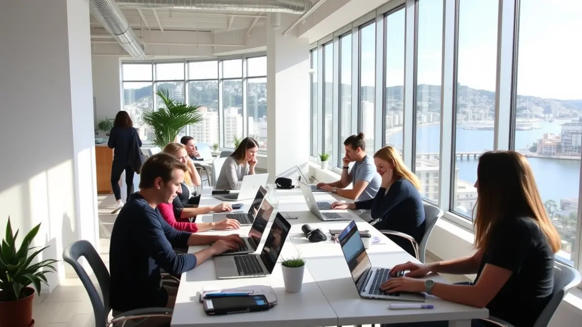 Generic image of a modern coworking space overlooking a coastal city.