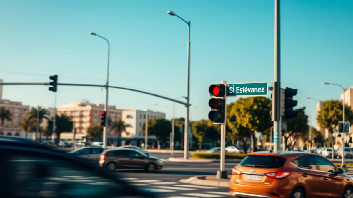 Urban intersection in Las Palmas de Gran Canaria with blurred traffic lights and cars.