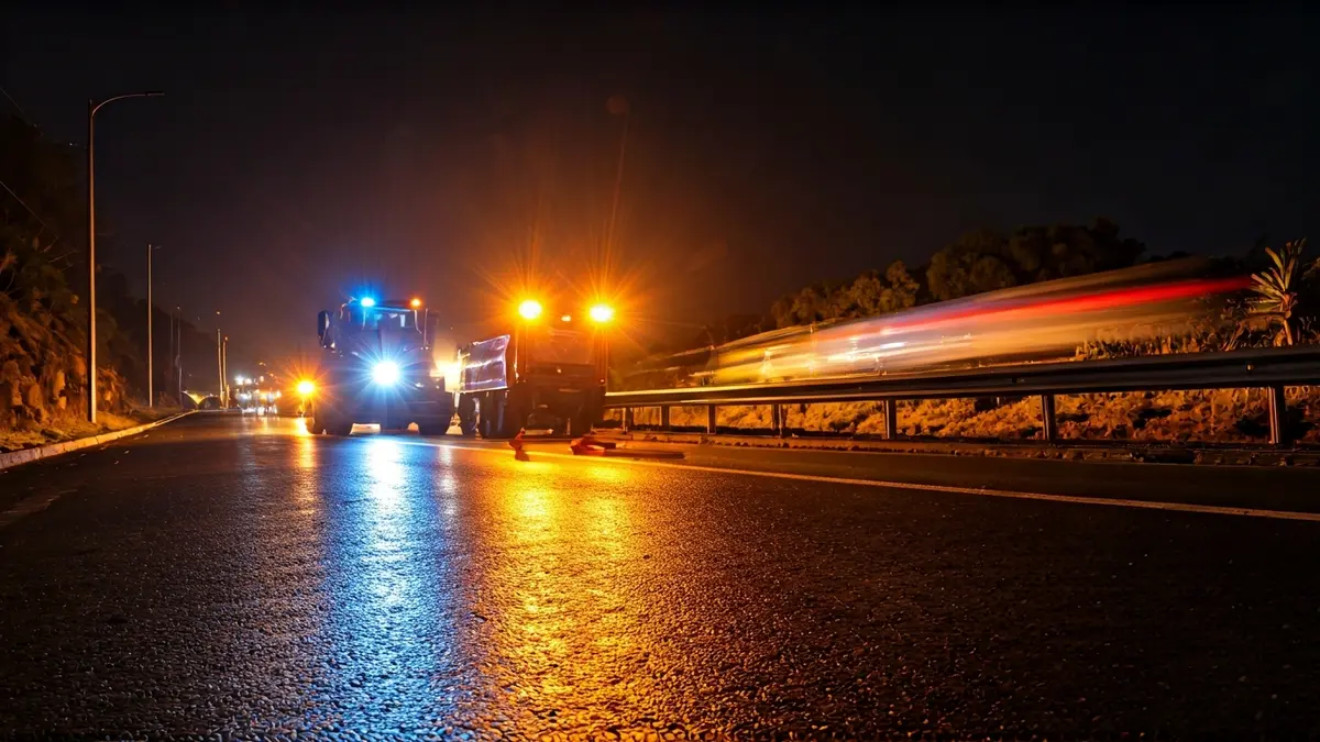 Imagen de luces de emergencia en una carretera mojada con maquinaria de construcción borrosa.