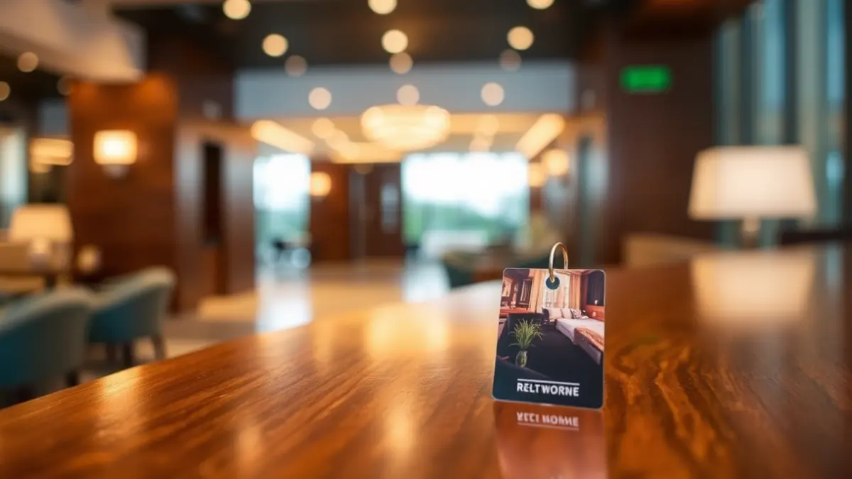 Generic image of a hotel room key card on a reception desk.