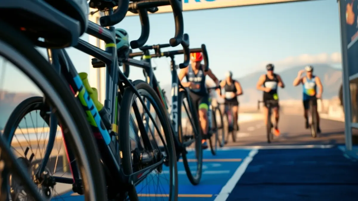 Imagen genérica de una zona de transición en un triatlón, con bicicletas y equipamiento deportivo.