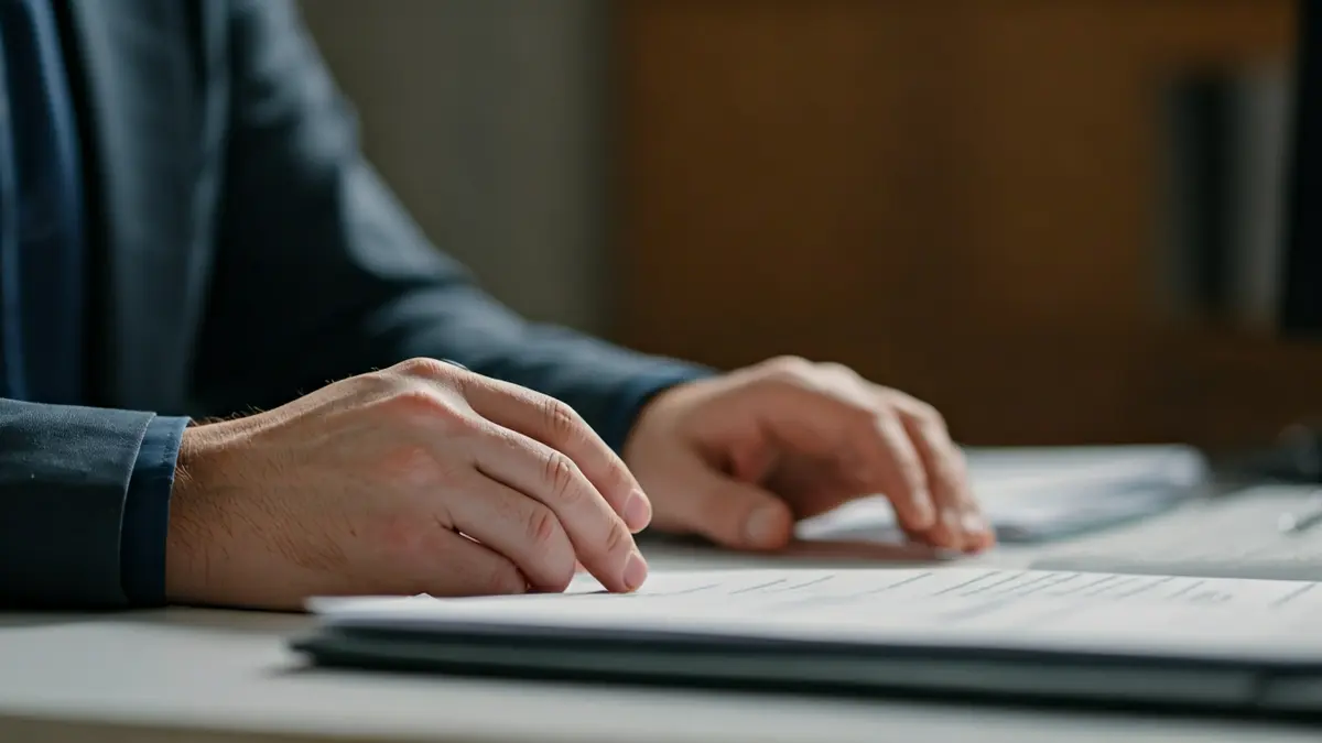 Imagen genérica de unas manos sobre un escritorio, una de ellas temblorosa, con documentos y teclado de ordenador desenfocados.