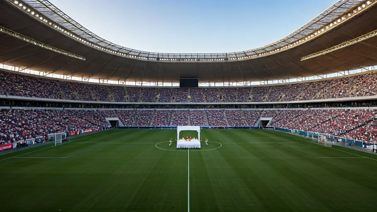 Imagen de un estadio con una multitud y un altar, representando una misa papal.