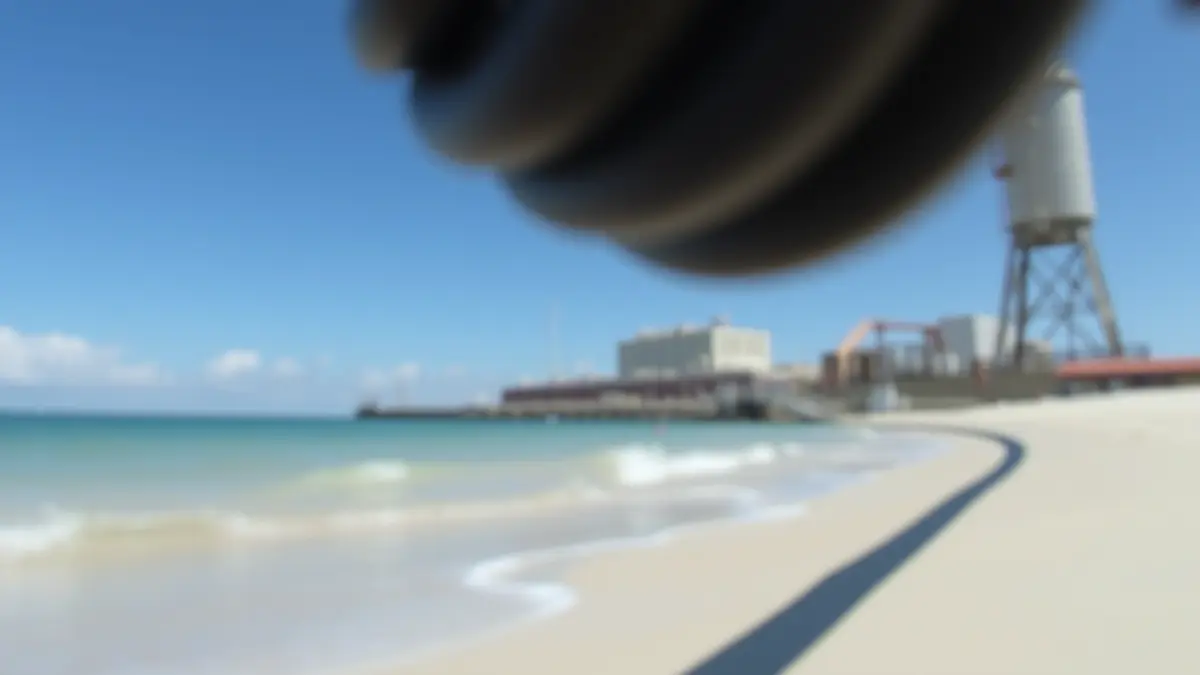 Imagen de un cable submarino llegando a la costa, con una instalación industrial al fondo.