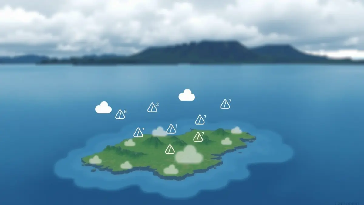 Imagen genérica de un mapa meteorológico con símbolos de lluvia sobre un archipiélago.