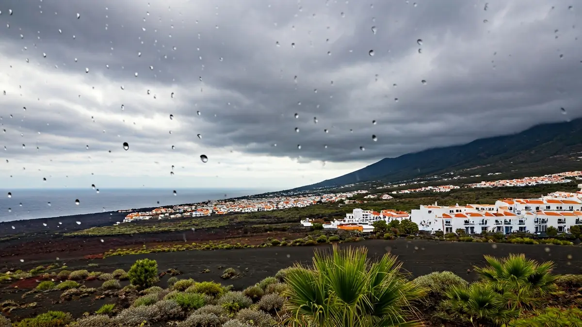 Imagen genérica de nubes de lluvia sobre un paisaje volcánico canario.