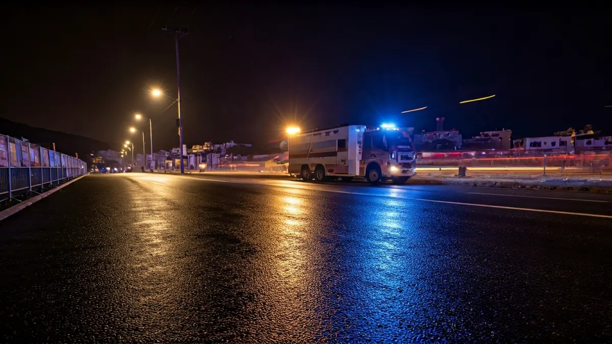 Imagen genérica de luces de emergencia reflejándose en el asfalto mojado durante una operación de búsqueda y rescate.