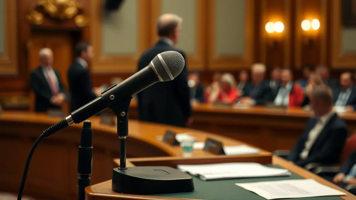 Imagen genérica de un micrófono en un podio durante una reunión política.