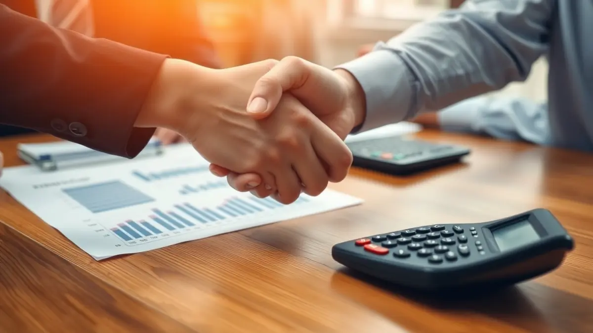 Generic image of hands shaking over a table with financial documents, symbolizing economic agreements.