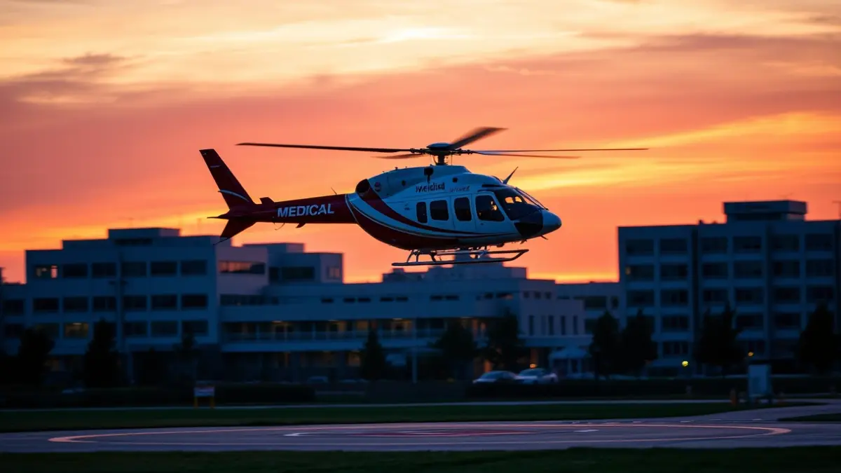 Generic image of a medical helicopter taking off at sunset.
