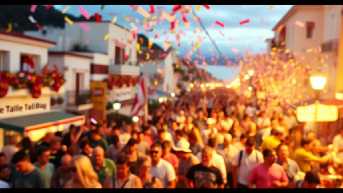 Generic image of a festive parade with confetti and crowds in a coastal town.