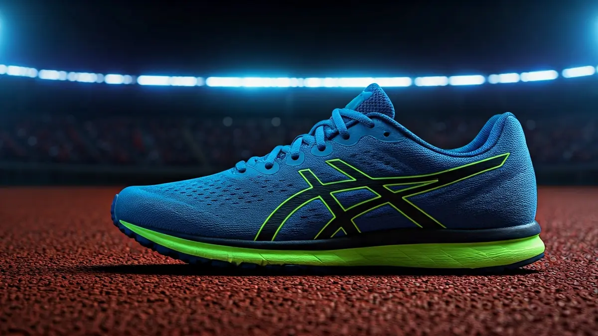 Generic image of a neon running shoe on a dark track.