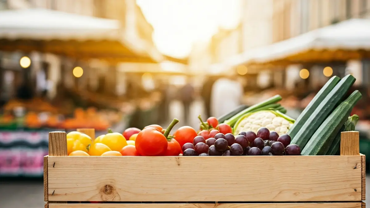Imagen genérica de una caja de productos frescos en un mercado.